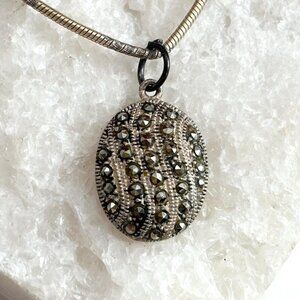 Art Deco Marcasite Snake Chain Sterling Silver Vintage Pendant Necklace - 16"